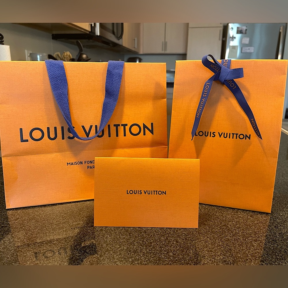 Louis Vuitton shopping bag, gift bag, card and ribbon